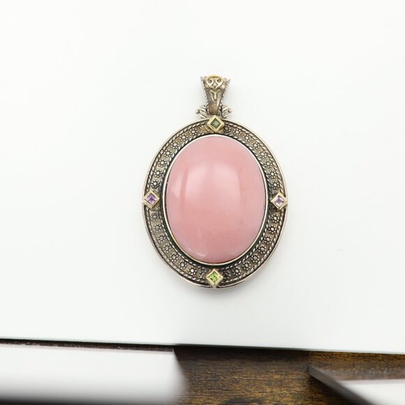 Large Vintage Natural Pink Opal Pendant Sterling Silver 925 and 18k - Picture 6 of 11